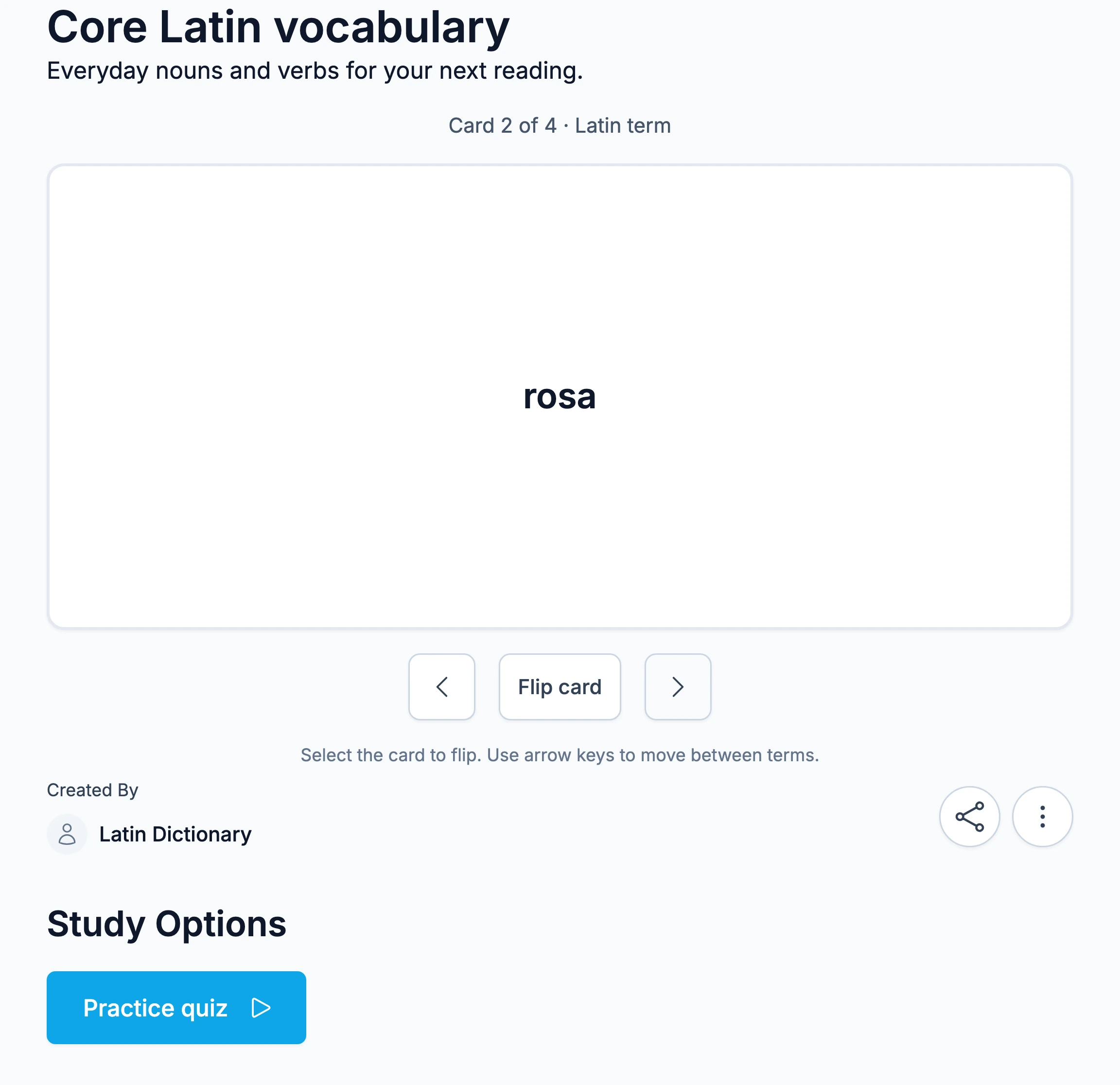 Latin vocabulary flashcards in a word list